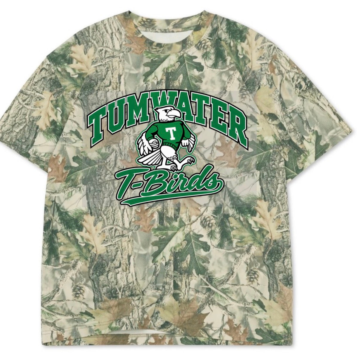 Tumwater T-Birds boxy premium wood camo tee (youth XS-Adult 3XL)