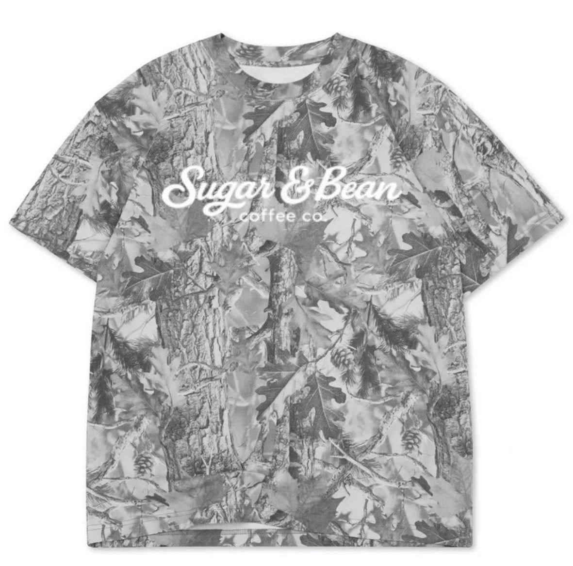 Sugar & Bean coffee co. Premium puff print grey camo tee shirts