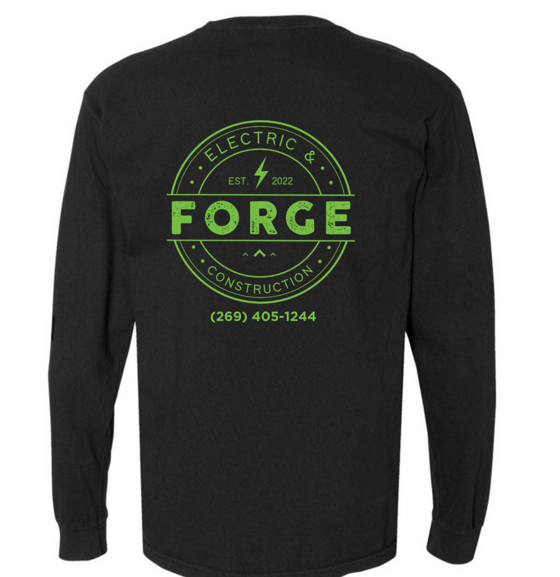 Forge electric long sleeve tee shirt (updated logo with phone number)