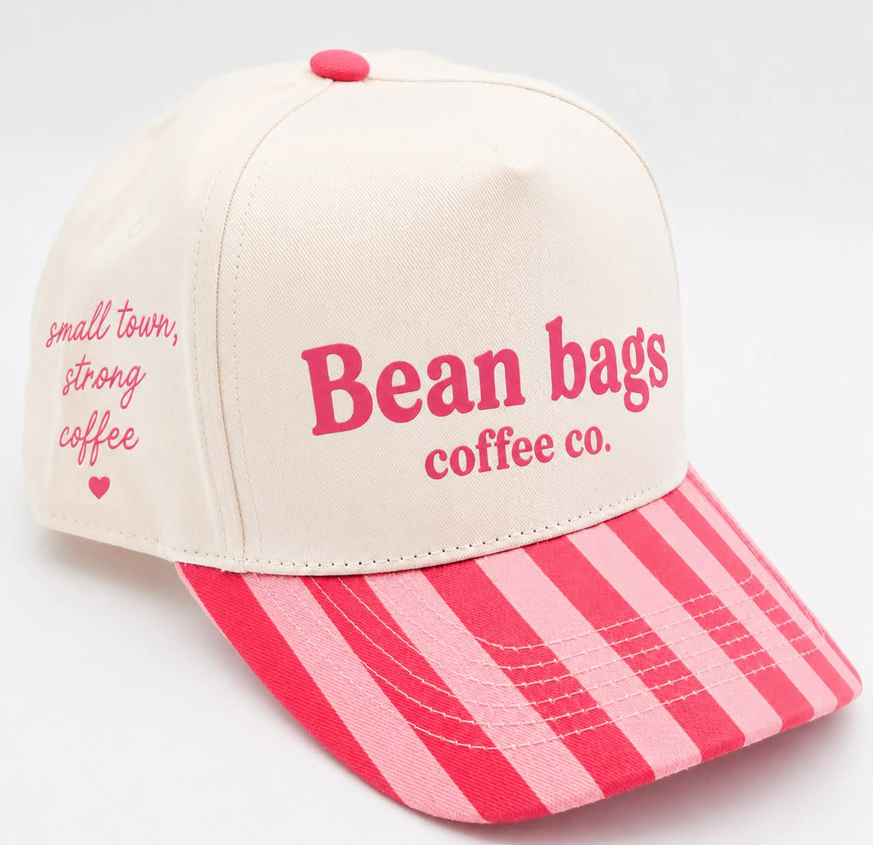 Bean Bags Coffee Co. Small town. Strong coffee striped trucker