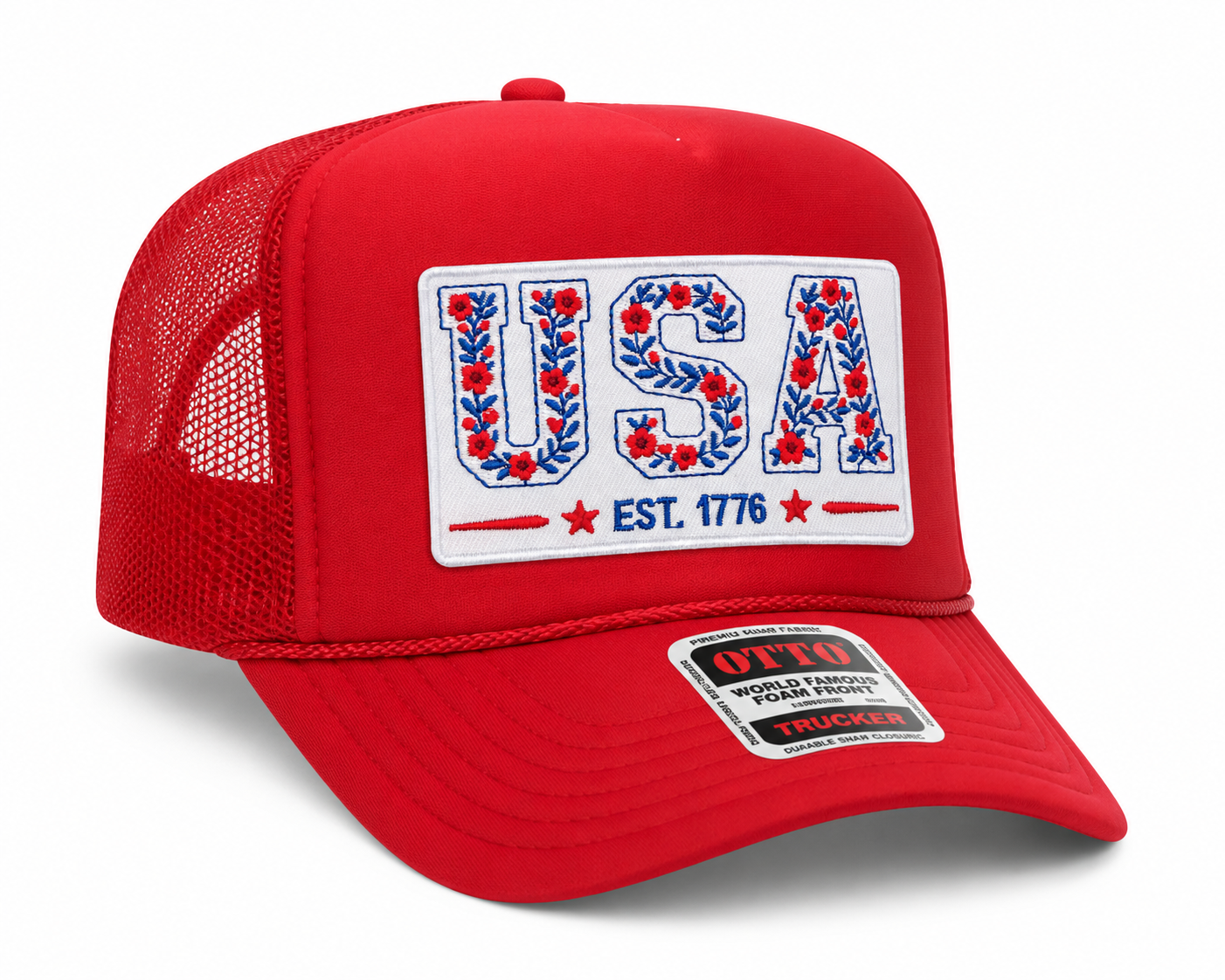 USA floral red trucker hat