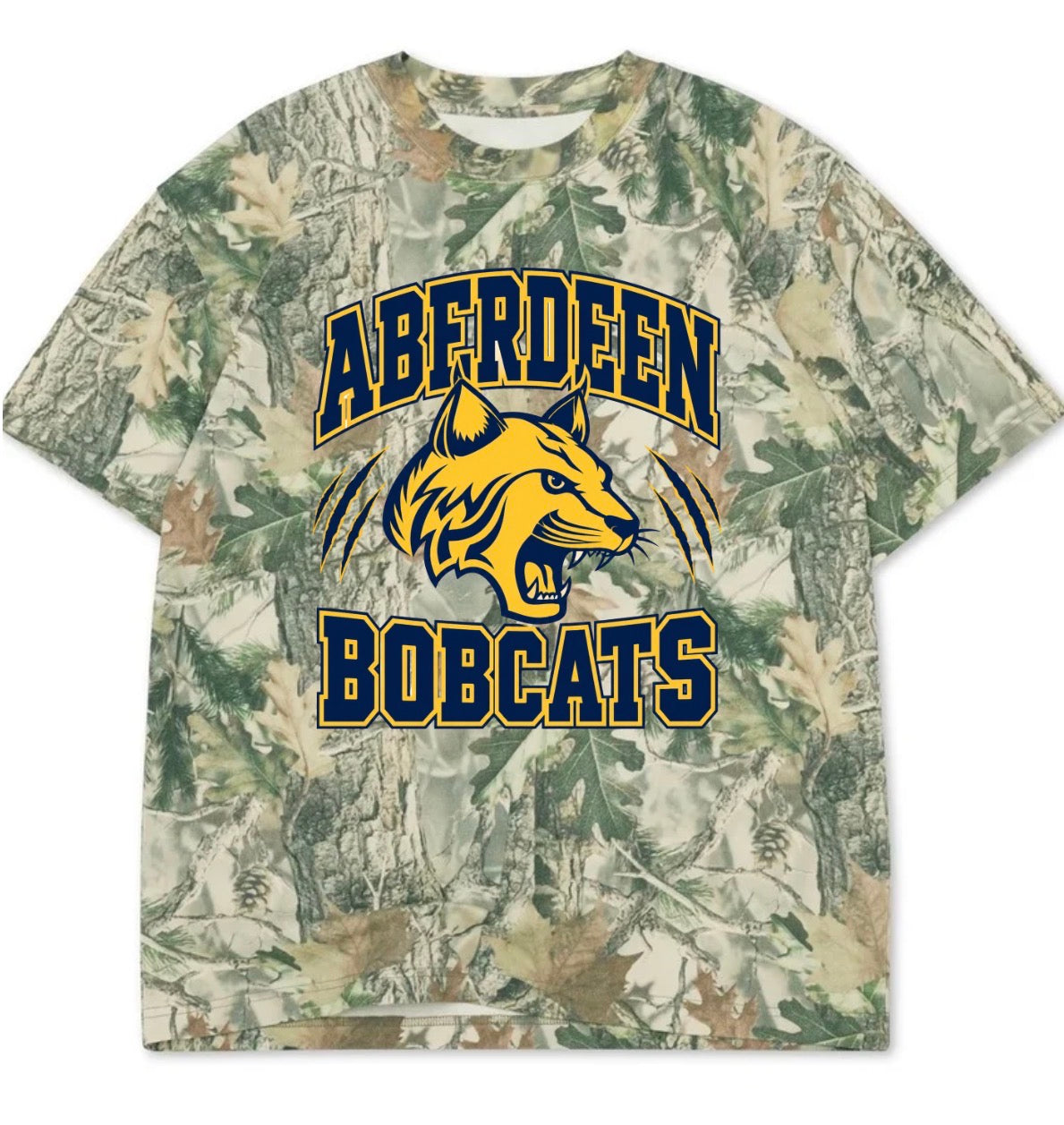 Aberdeen bobcats boxy premium wood camo tee (youth XS-Adult 3XL)