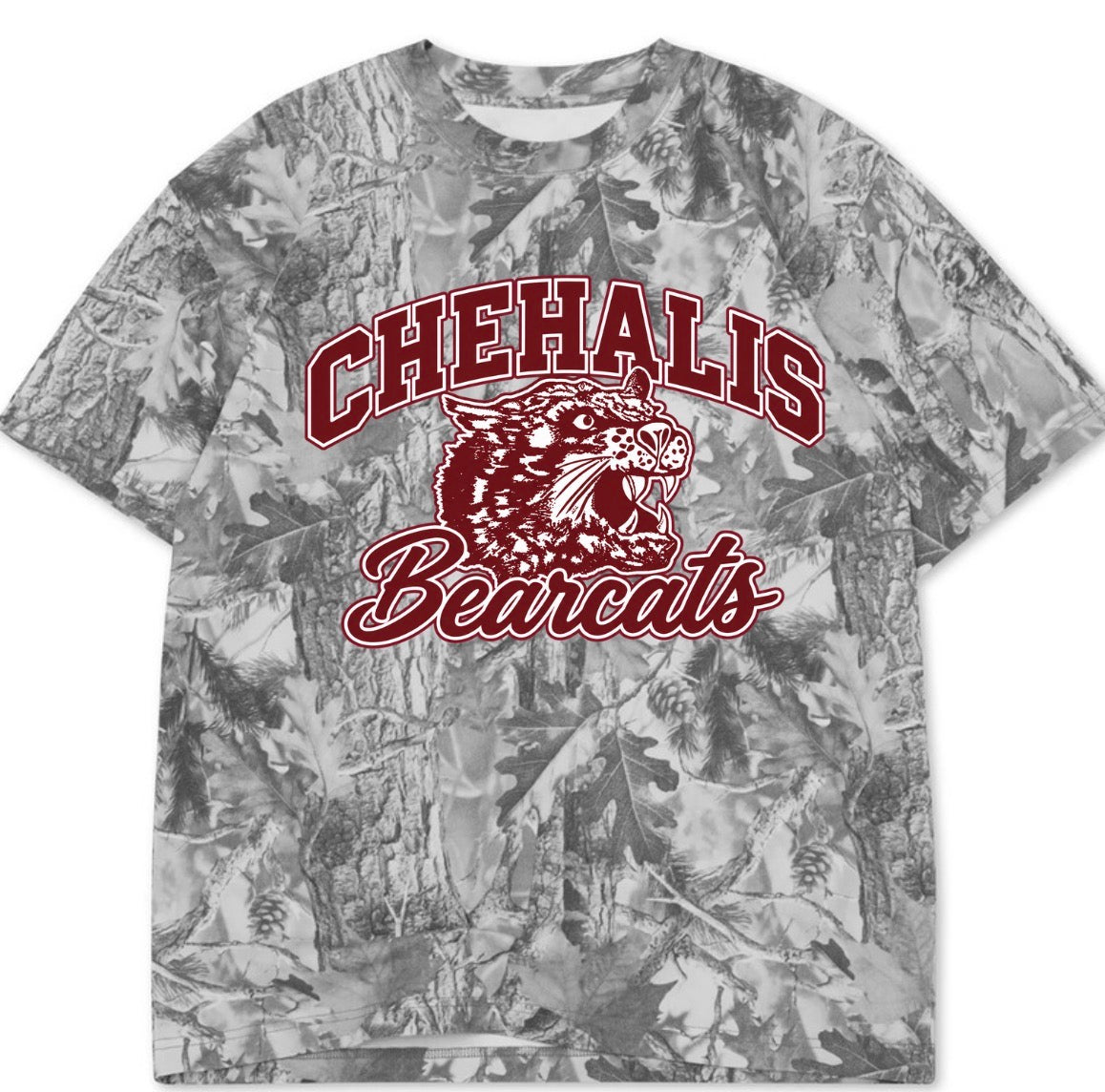 Chehalis Bearcats boxy premium grey camo tee (youth XS-Adult 4XL)