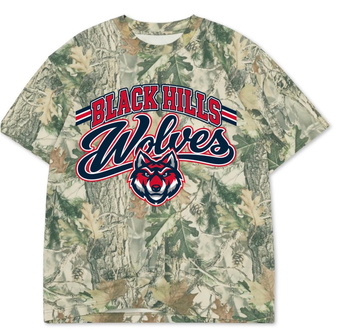 Black hills wolves boxy premium wood camo tee (youth XS-Adult 3XL)