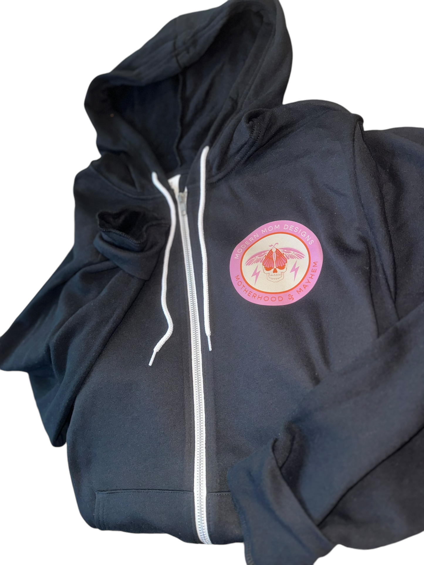 Motherhood & Mayhem re-brand zip up black w/ pink