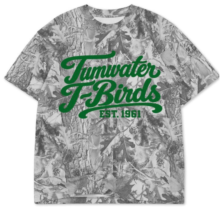 Tumwater T-Birds boxy premium wood camo tee (youth XS-Adult 3XL)