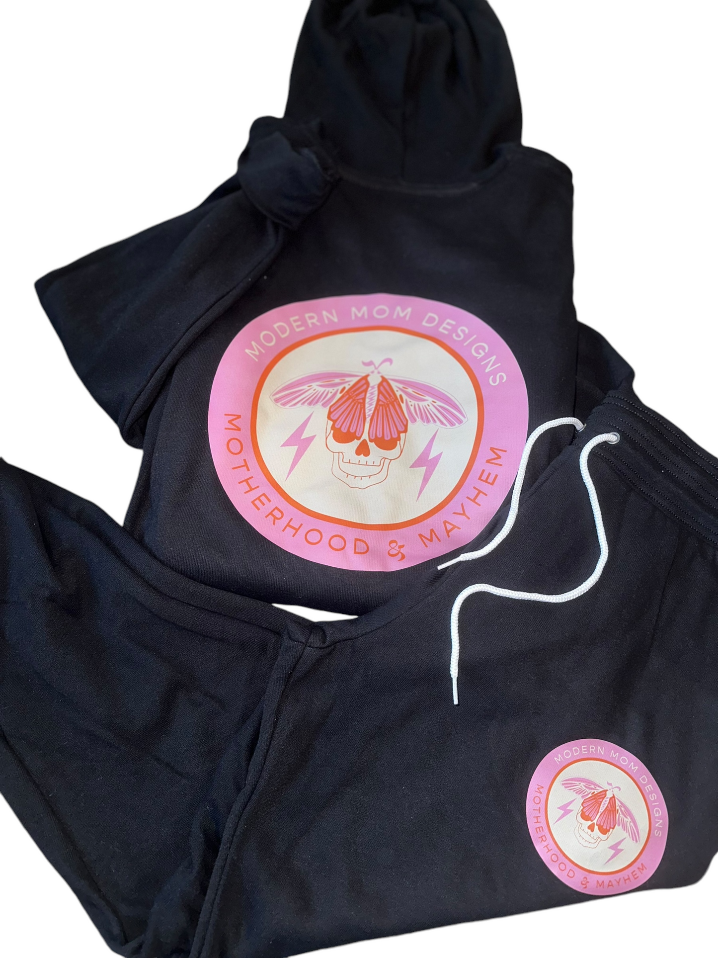 Motherhood & Mayhem re-brand zip up black w/ pink