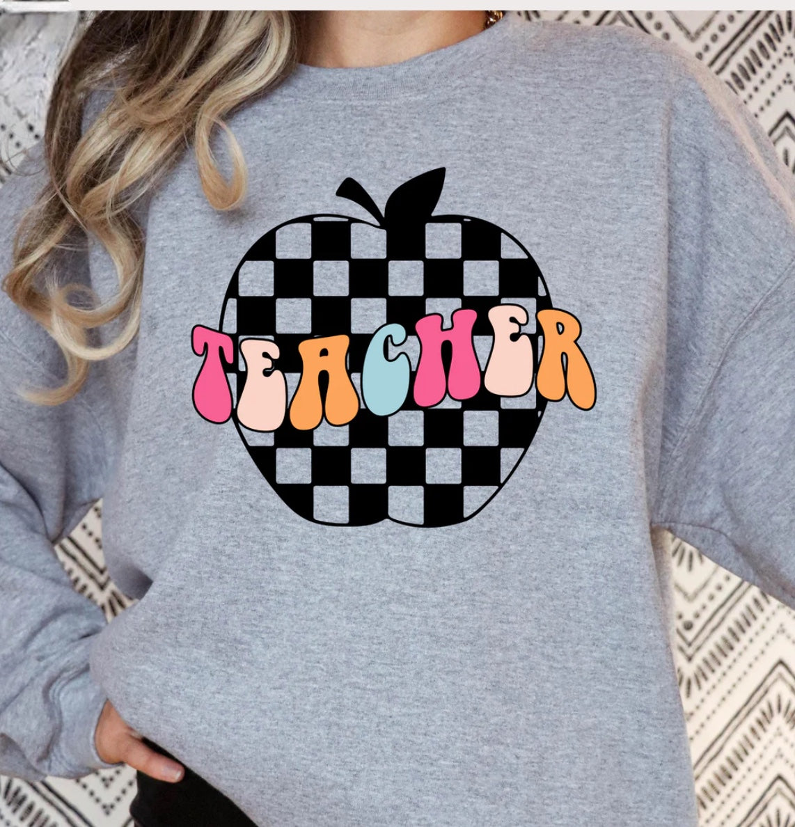 Teacher multi color checkered apple