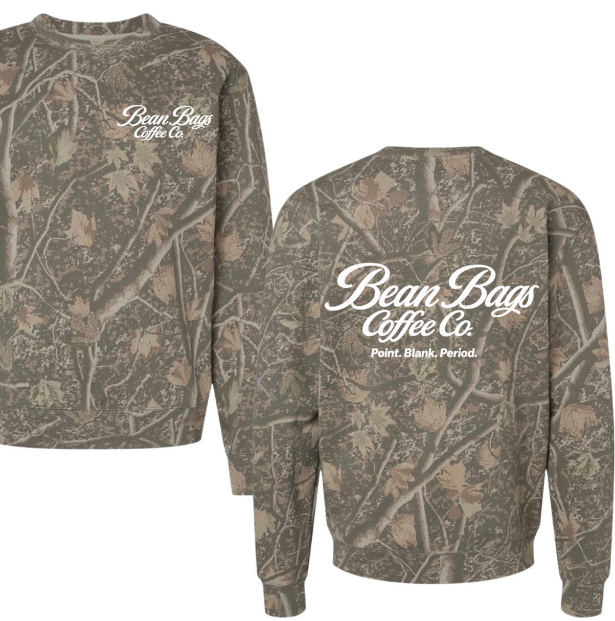 Bean bags Coffee Co. deadwood camo crewneck Point. Blank. Period. Design