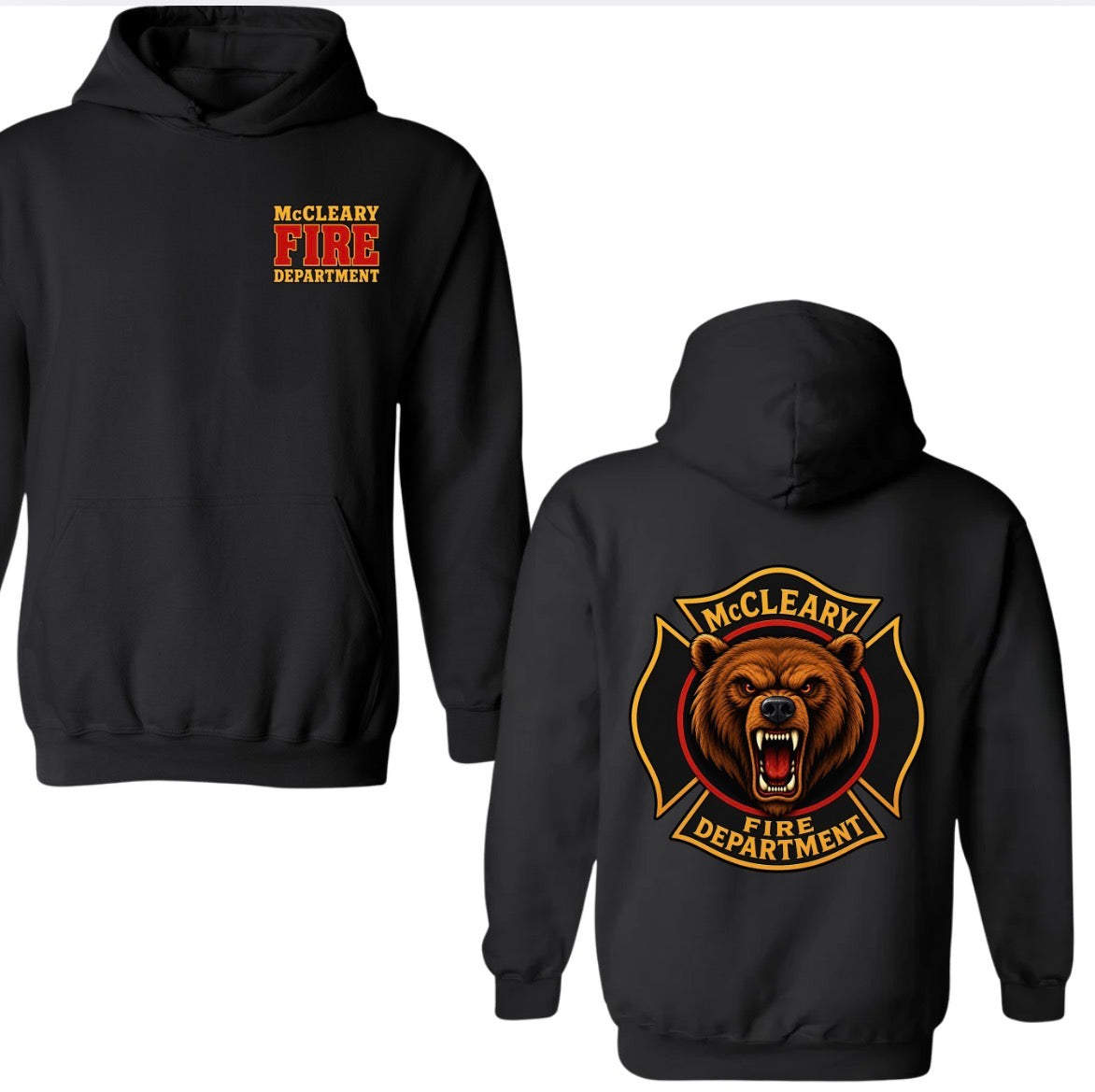 McCleary Fire Dept. crewneck or hoodie BLACK (bear logo on back)