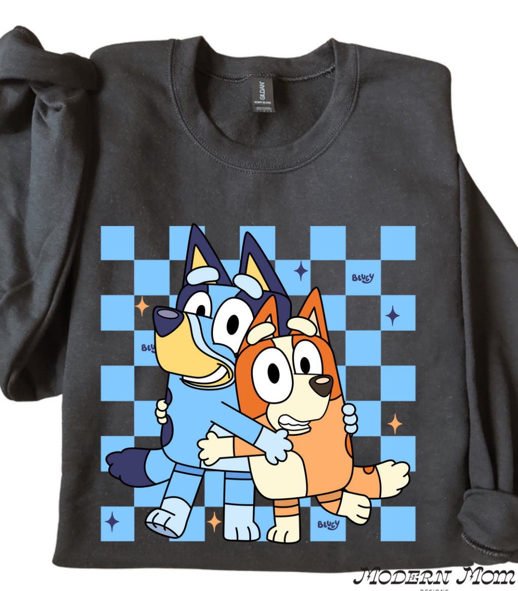 Blue dog checks (tee, crewneck or hoodie )