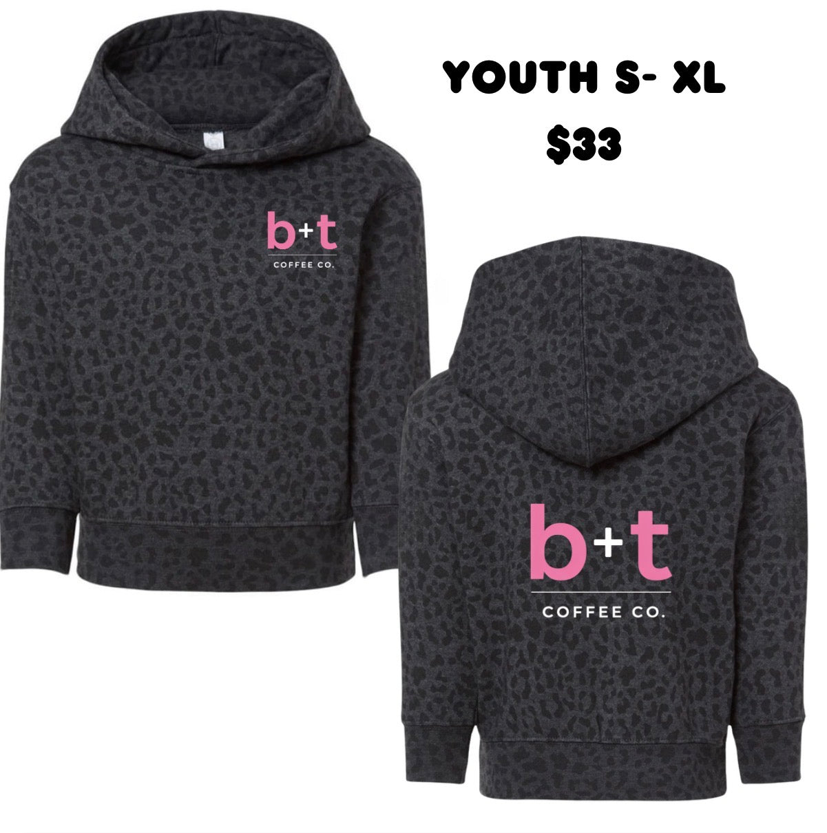 B+T black leopard tee shirt or hoodie (toddler-youth XL)