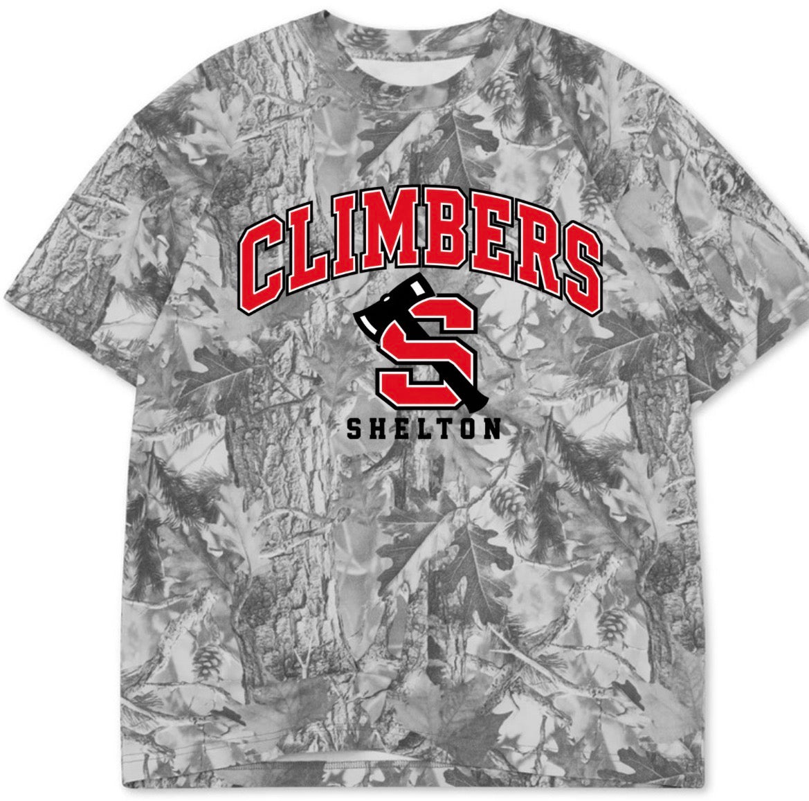 Shelton Climbers boxy premium grey camo tee (youth XS-Adult 4XL)
