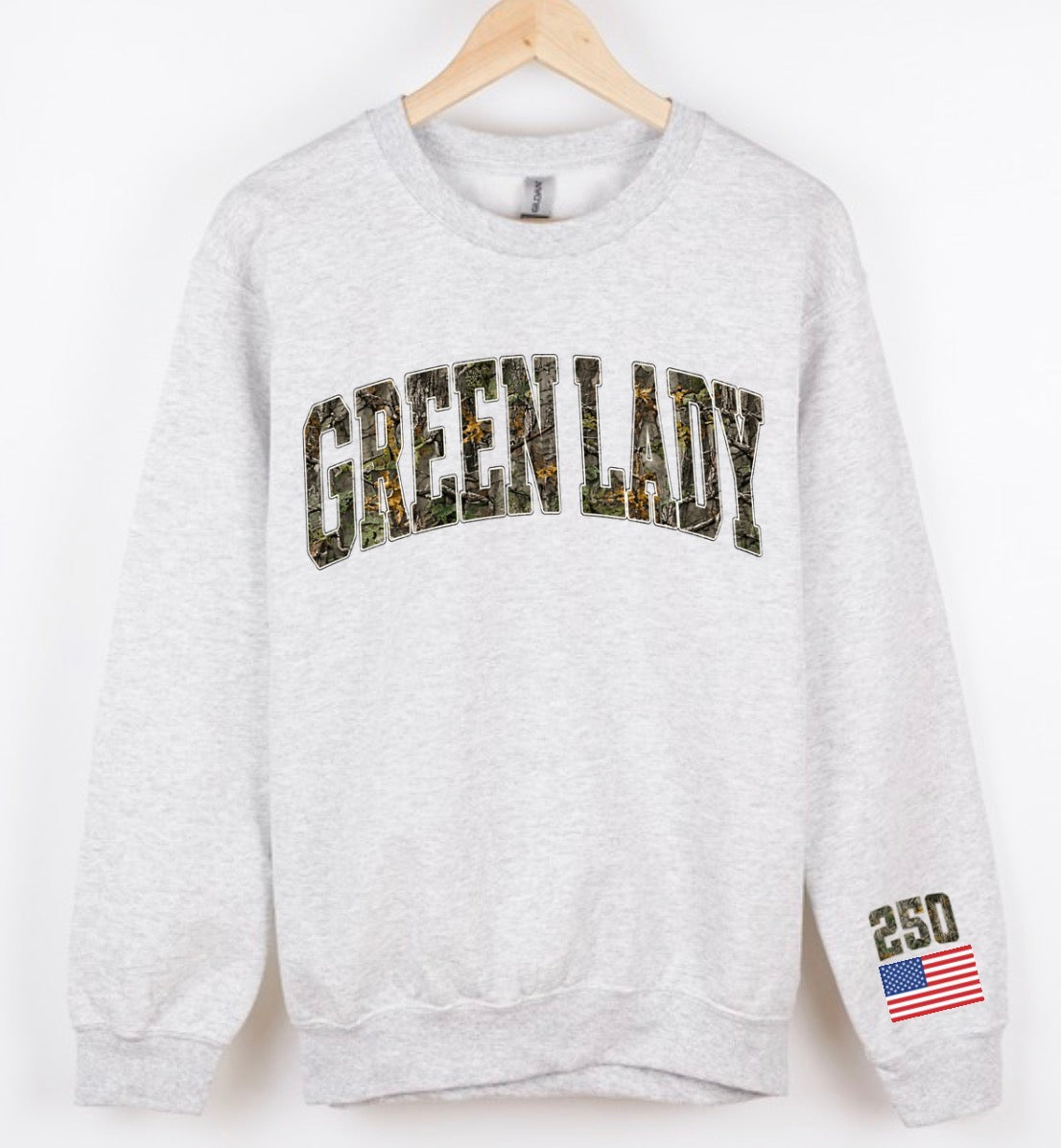 Green lady camo crewneck