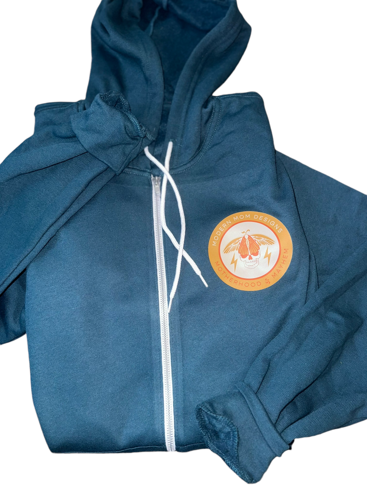 Motherhood & Mayhem re-brand zip up Atlantic deep teal