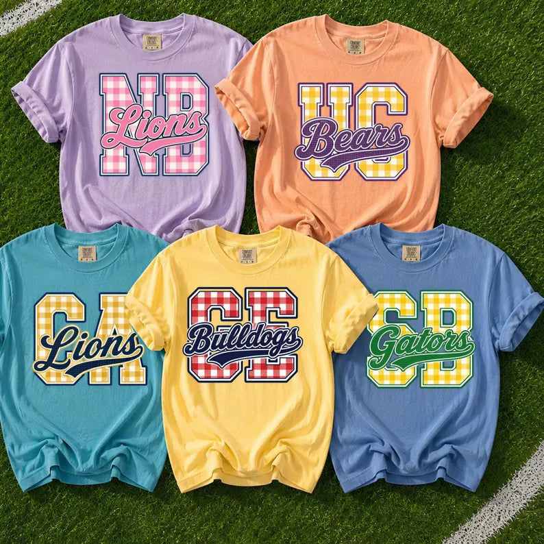 MASCOT NAME/SCHOOL ABBREVIATION. Buffalo plaid-any name & colors