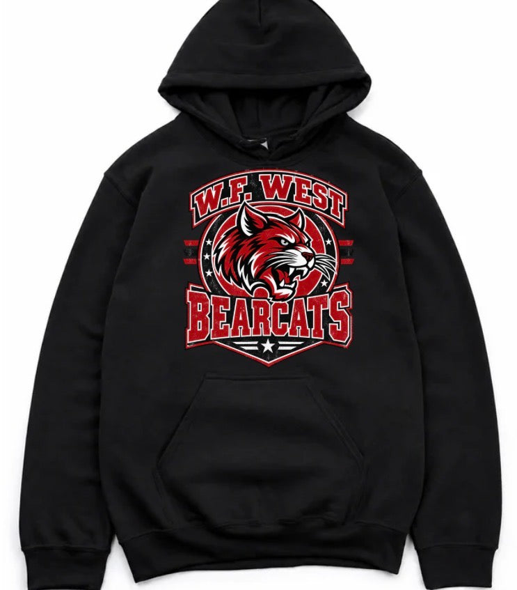 W.F. west Bearcats black crewneck or hoodie (front logo only)