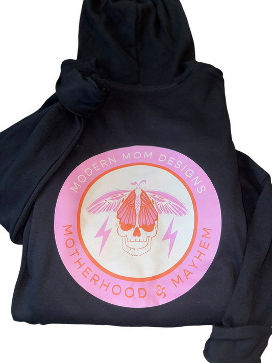 Motherhood & Mayhem re-brand zip up black w/ pink