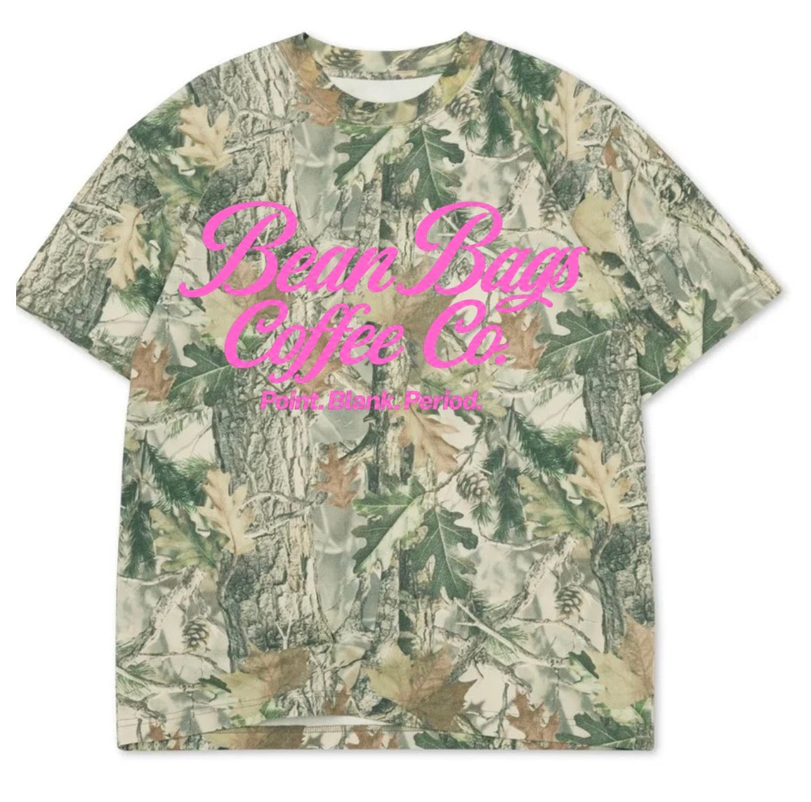 Bean bags coffee co. Wood camo tee W/ pink font