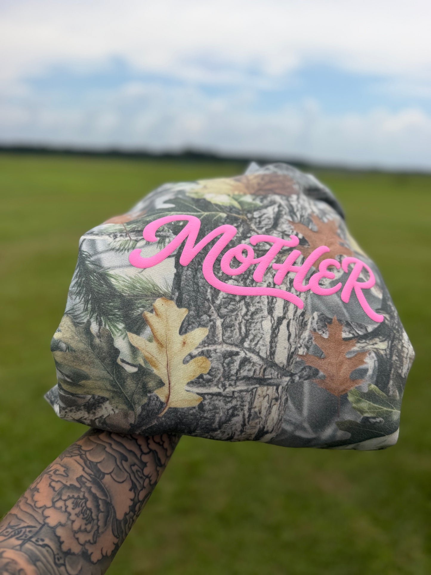 Mother (pink puff print) vintage wood camo crewneck
