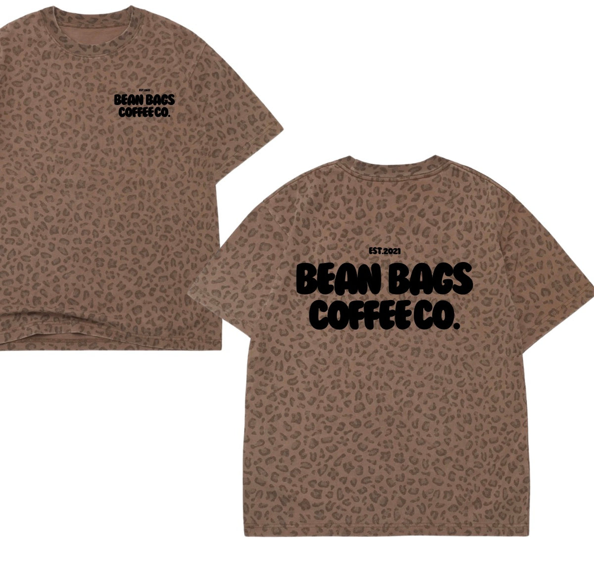 Bean bags coffee co. Brown leopard tee W/ black font