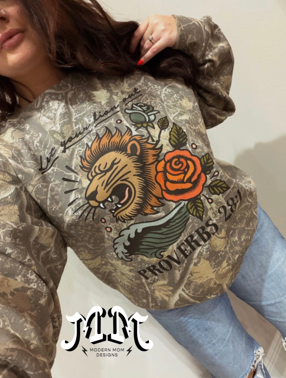 Let your lion out deadwood camo crewneck