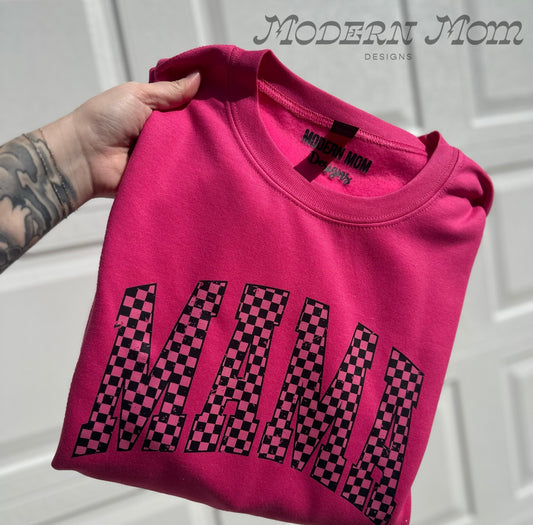 Mama hot pink checkered crewneck