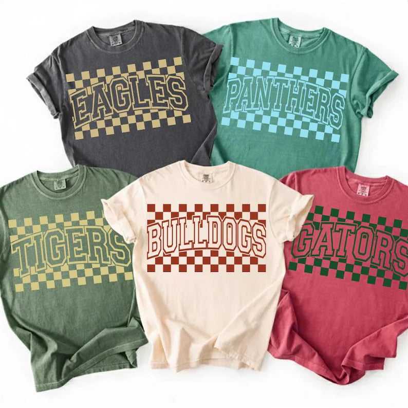 Checkered school mascot name -any color combo (leave a note at checkout with specifics) l