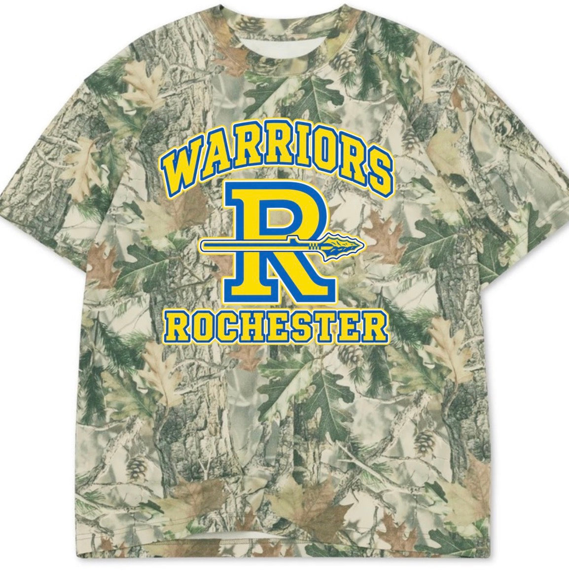 Rochester Warriors boxy premium wood camo tee (youth XS-Adult 3XL)