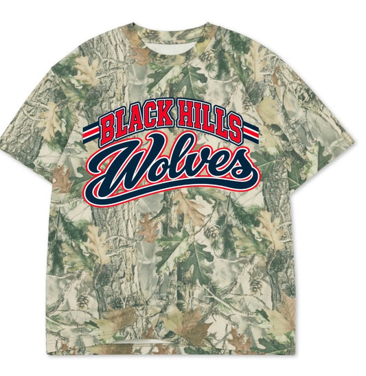 Black hills wolve-no wolf logo boxy premium wood camo tee (youth XS-Adult 3XL)