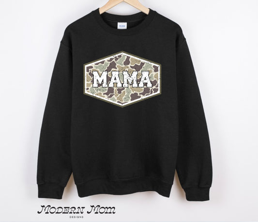 MAMA distressed camo crewneck