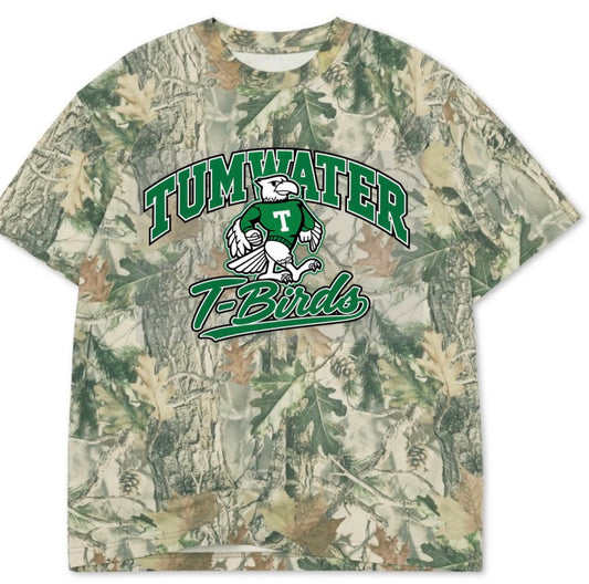 Tumwater T-Birds boxy premium wood camo tee (youth XS-Adult 3XL)