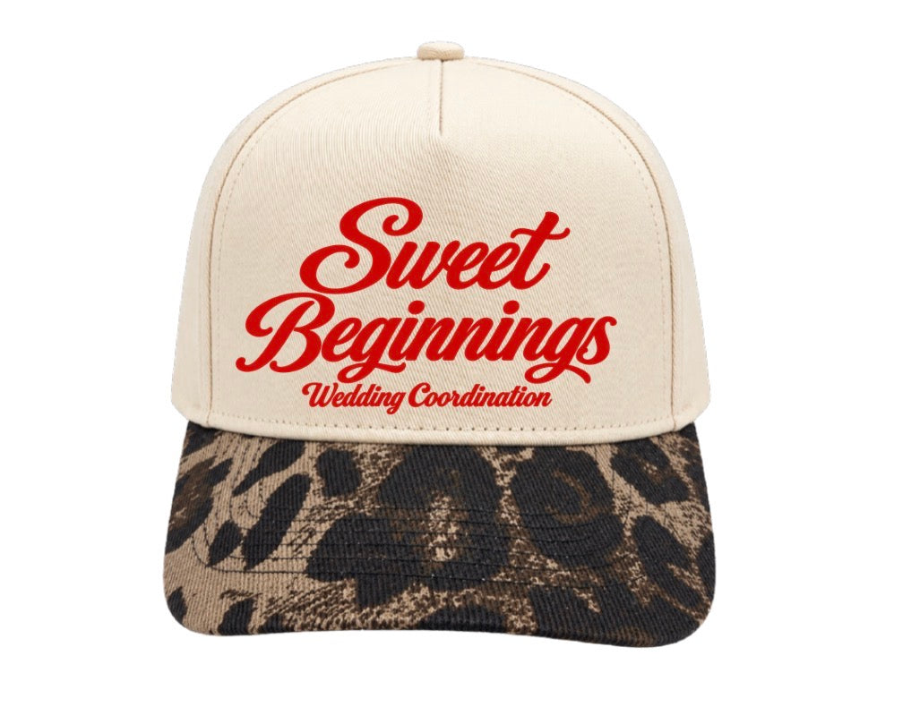 Sweet beginnings leopard bill trucker hat (screen print)