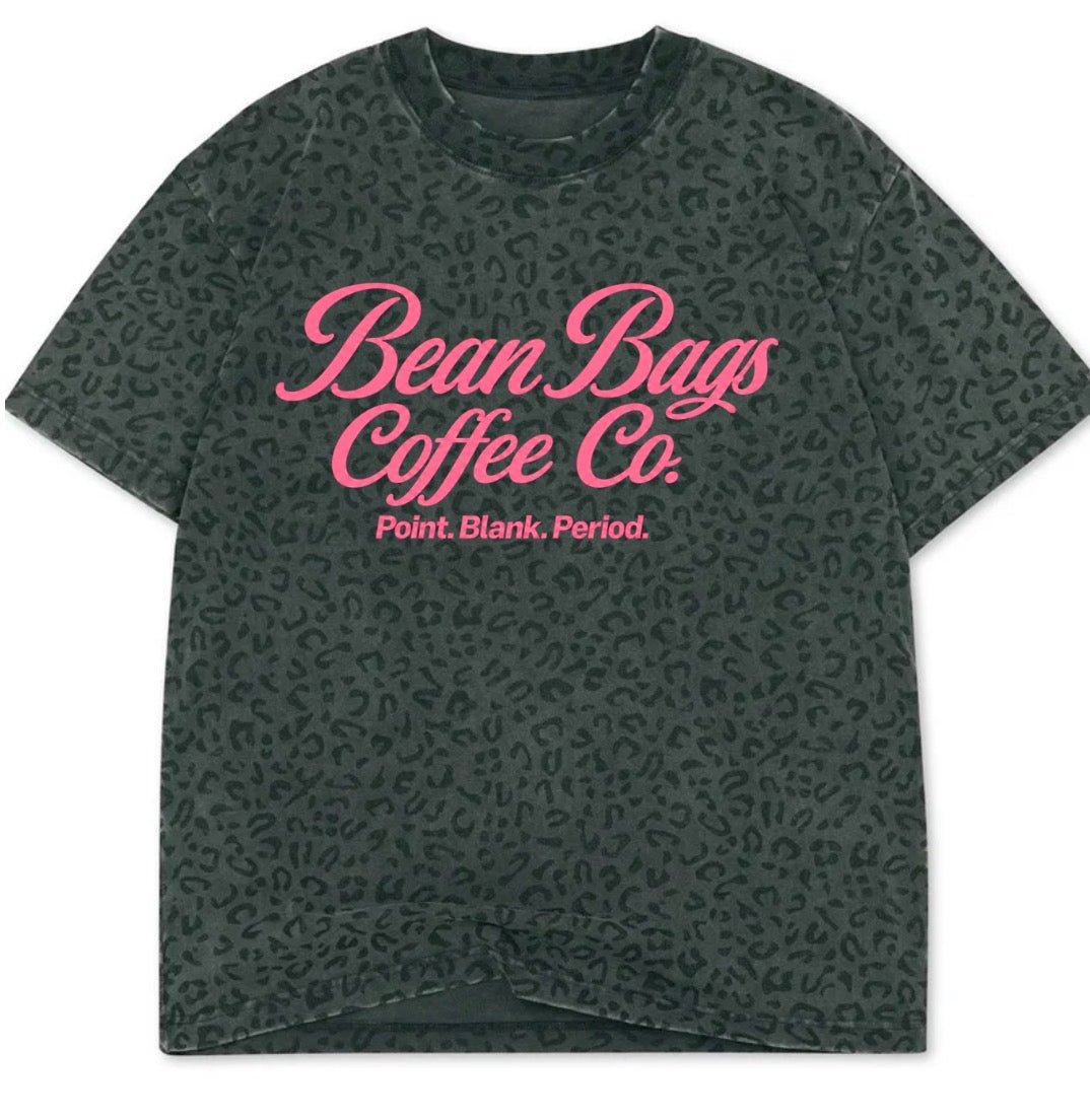 Bean bags coffee co. Black leopard tee W/ pink font