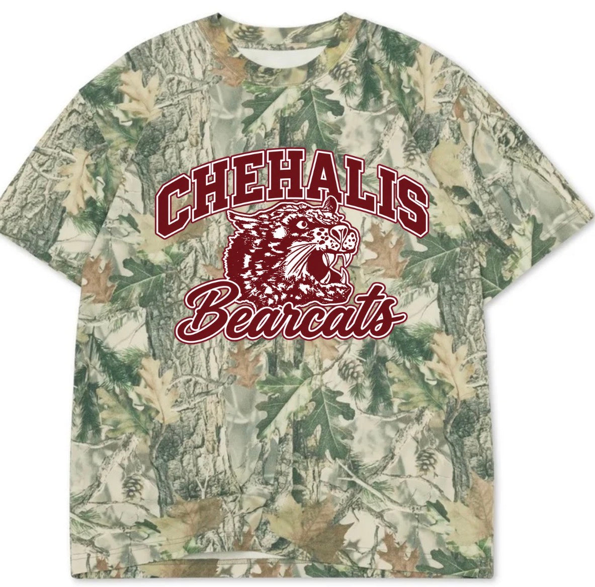 Chehalis bearcats boxy premium wood camo tee (youth XS-Adult 3XL)