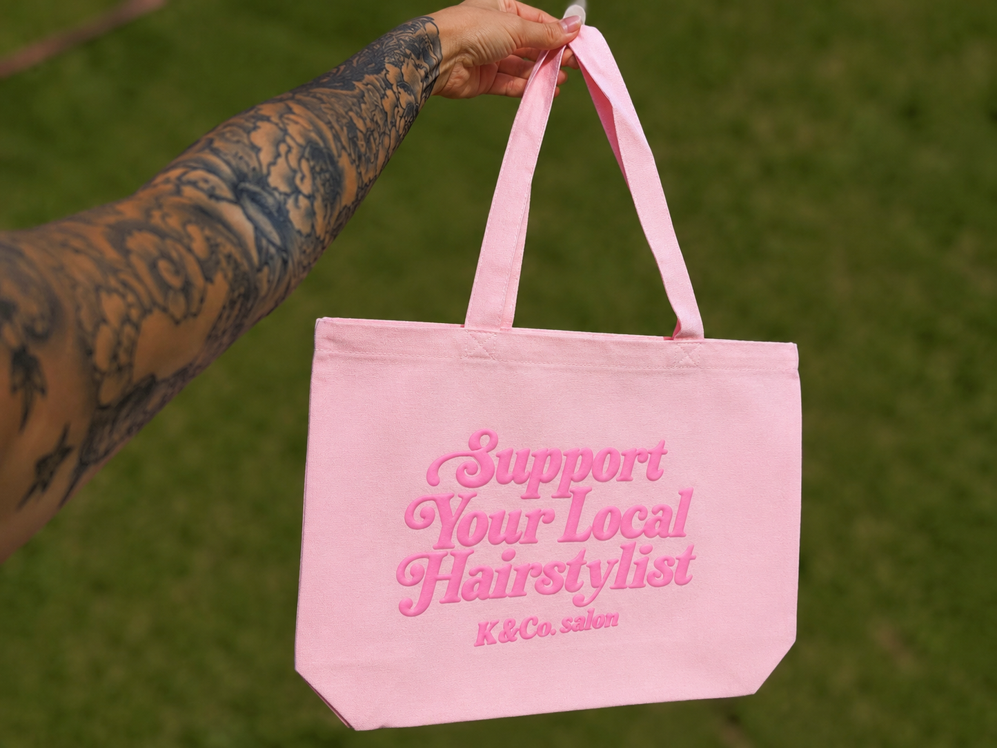 Support your local hairstylist tote bag pink on pink