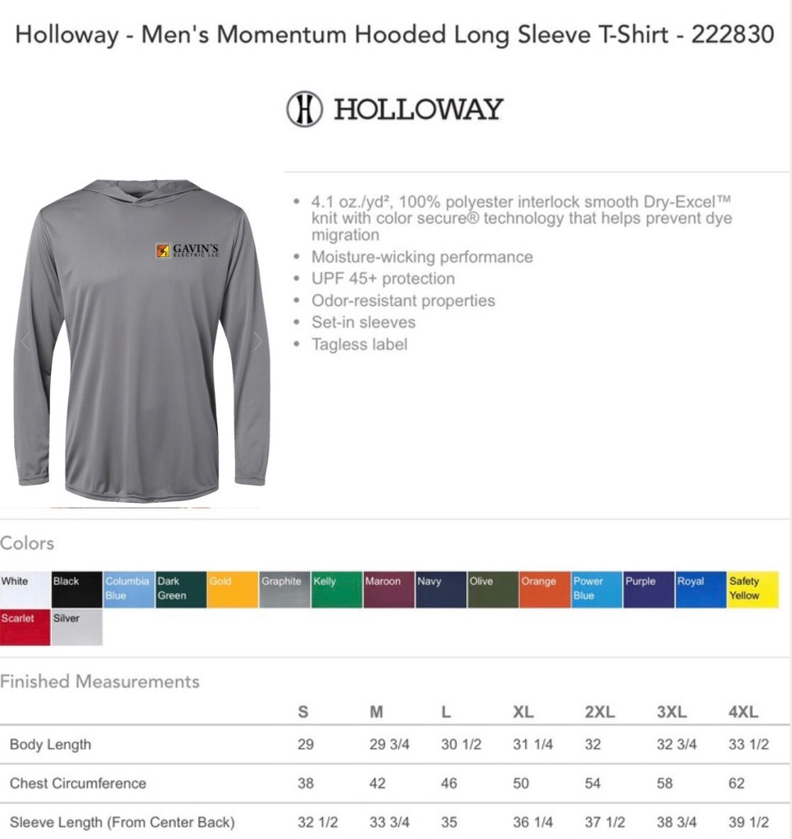 Gavin’s electric LLC wicking hoodies