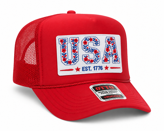 USA floral red trucker hat