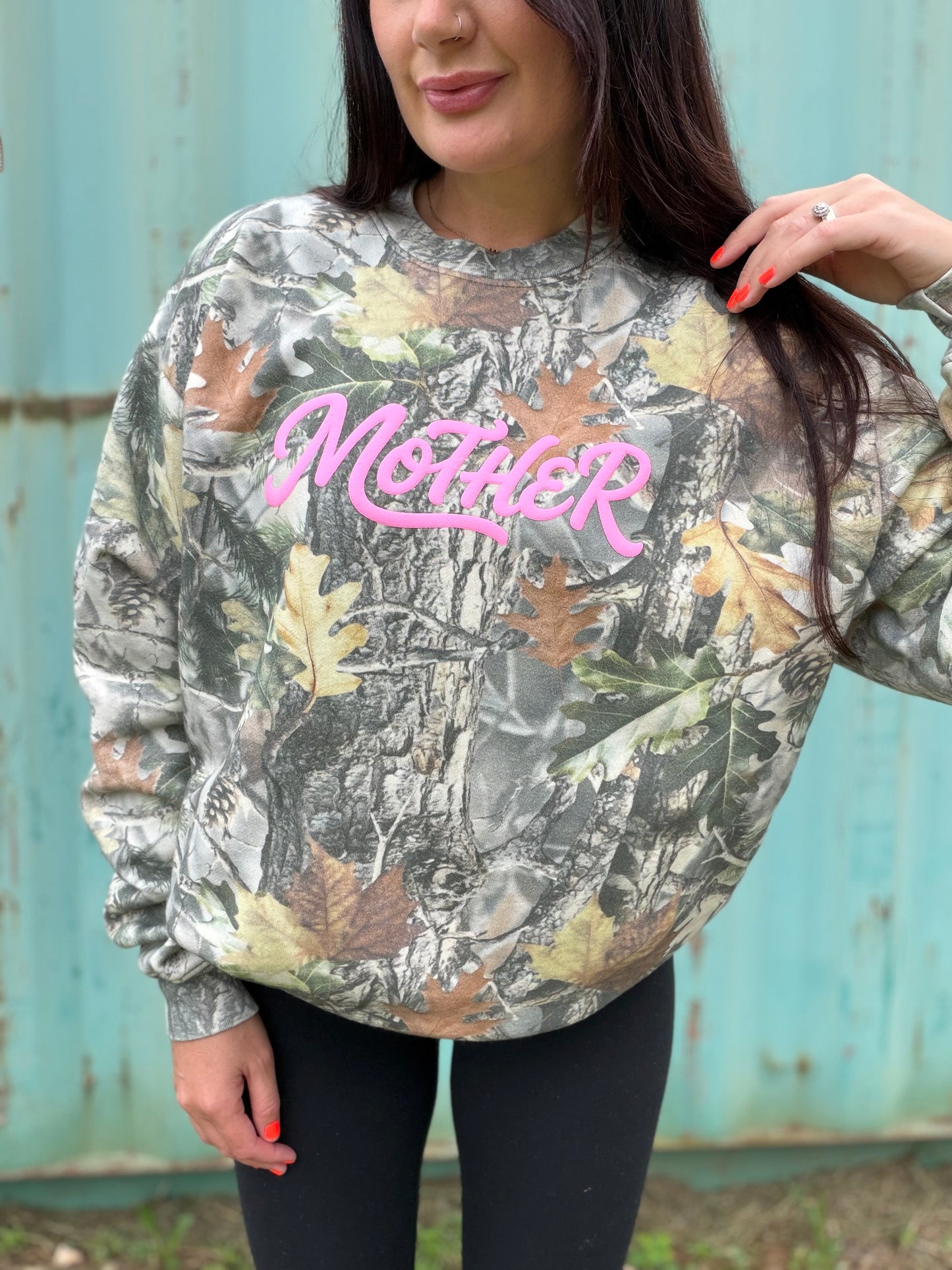 Mother (pink puff print) vintage wood camo crewneck