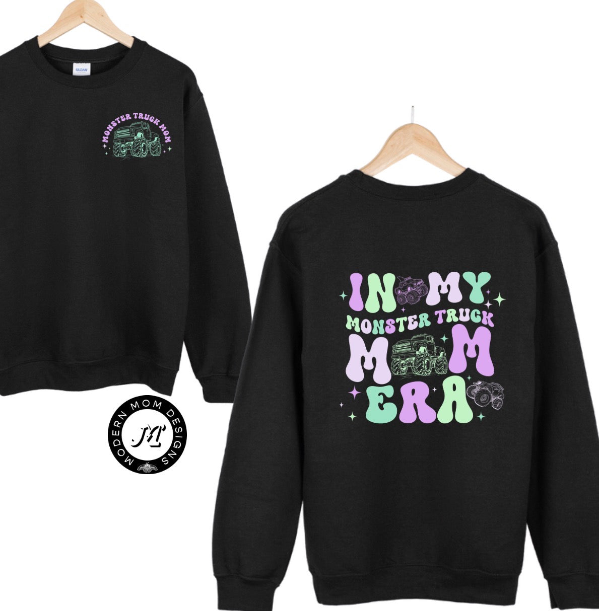 In my monster truck mom era purple & mint print (tee, crewneck, & hoodie)