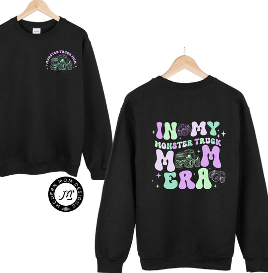 In my monster truck mom era purple & mint print (tee, crewneck, & hoodie)