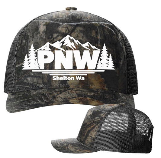 Shelton WA PNW Camo 5 panel  hat (screen print)
