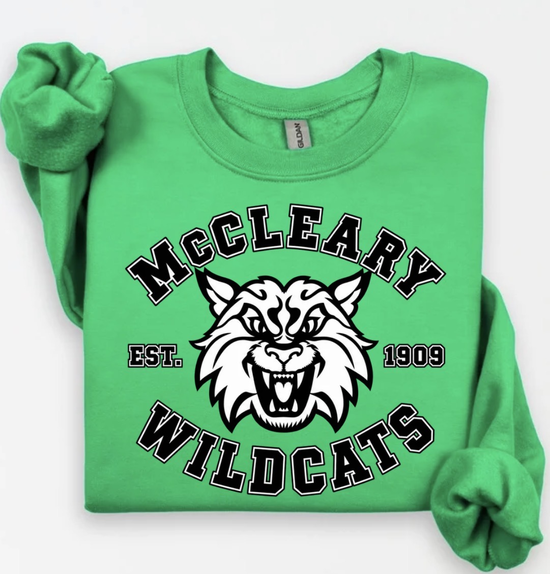 McCleary Wildcats green crewneck or hoodie (front logo only)
