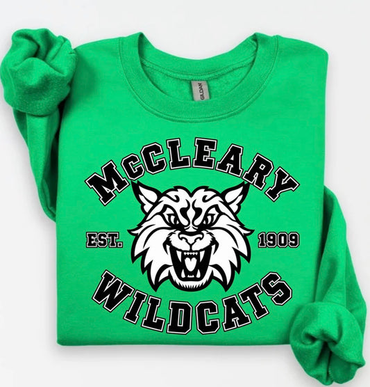 McCleary Wildcats green crewneck or hoodie (front logo only)