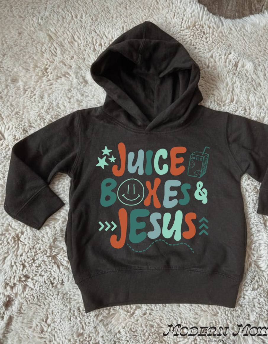 Juice boxes and jesus black and tan (2T-youth XL)-tee, crewneck, or hoodie