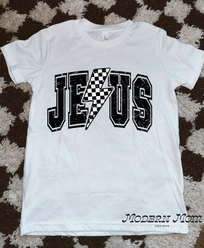 Jesus checkered bolt white (2T-youth XL)-tee, crewneck, or hoodie