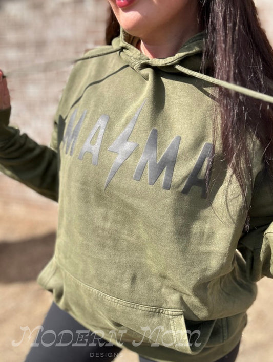 Olive vintage acid wash MAMA bolt (3D print) hoodie