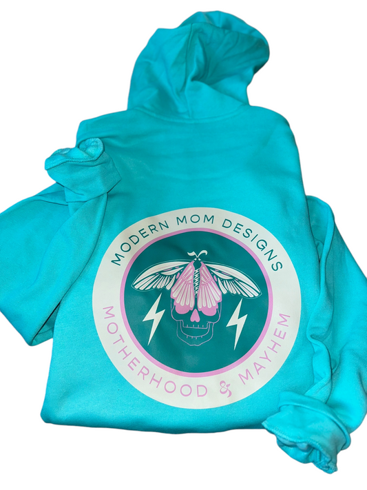 Motherhood & Mayhem re-brand zip up teal