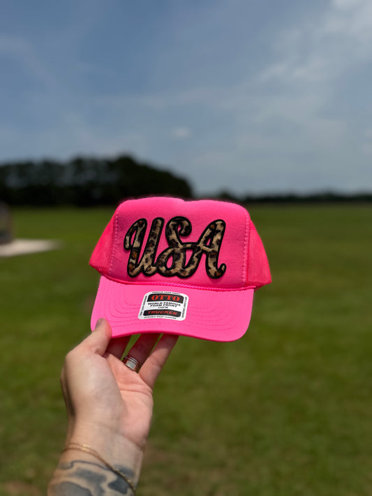 USA leopard trucker hat-neon pink