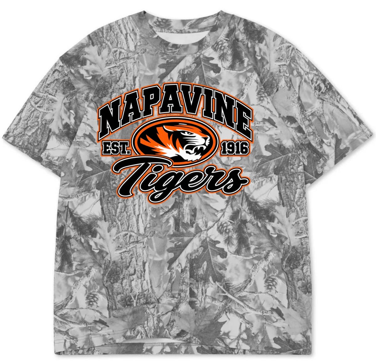 Napavine Tigers boxy premium grey camo tee (youth XS-Adult 3XL)